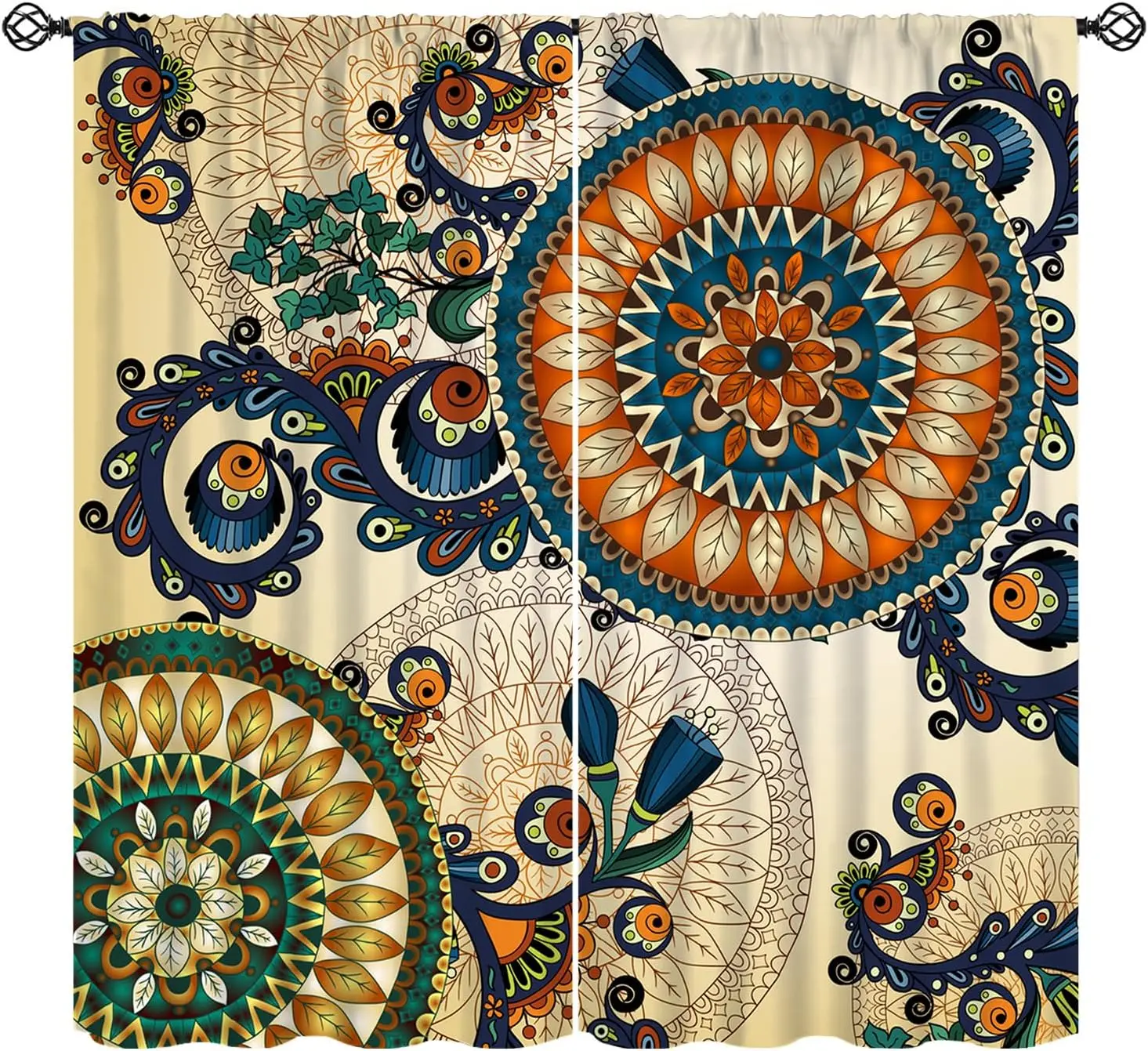 Bohemia Curtain for Cafe Decor, Vintage Bohemian Mandala Floral Flowers Pattern Print Window Treatments, Retro Rod Pocket