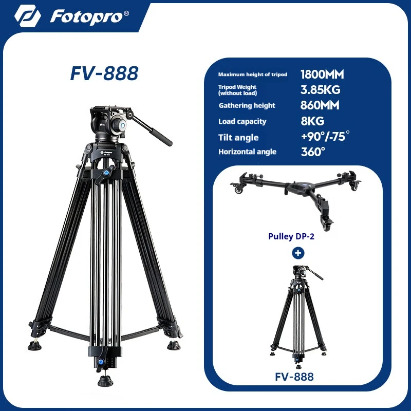 

Fotopro FV-888+ with Castors: Aluminium Alloy Camera Tripod and Hydraulic Damping Pan-Tilt Head Kit, Tripod and Castor Set