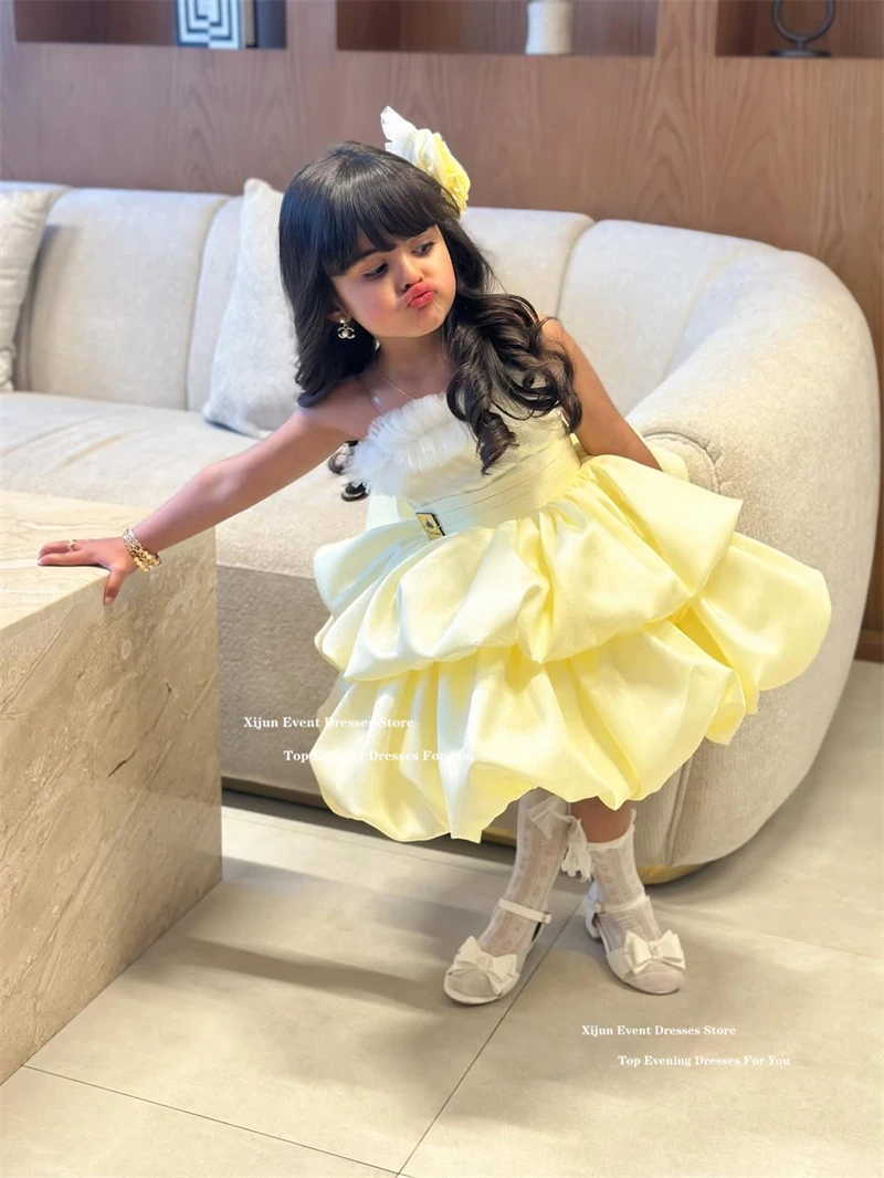 Sevintage Princess Yellow Flower Girl Dresses Tiered Satin Sleeveless Birthday Party Dresses For Girls Kids Dresses Customized