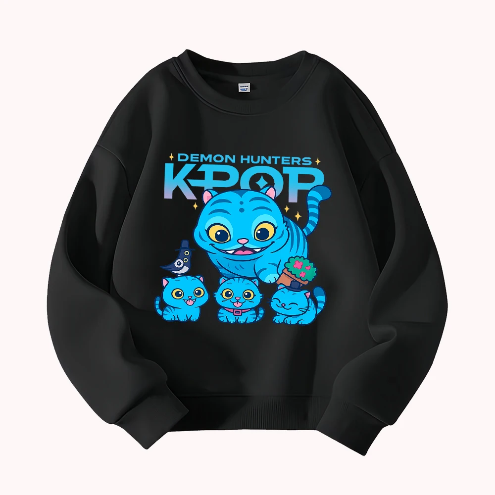 شيطان الصيادين Kpop الأزرق القط الأسرة الجرافيك البلوز لطيف هريرة الطيور الزهرية المطبوعة عارضة السترة أزياء للجنسين