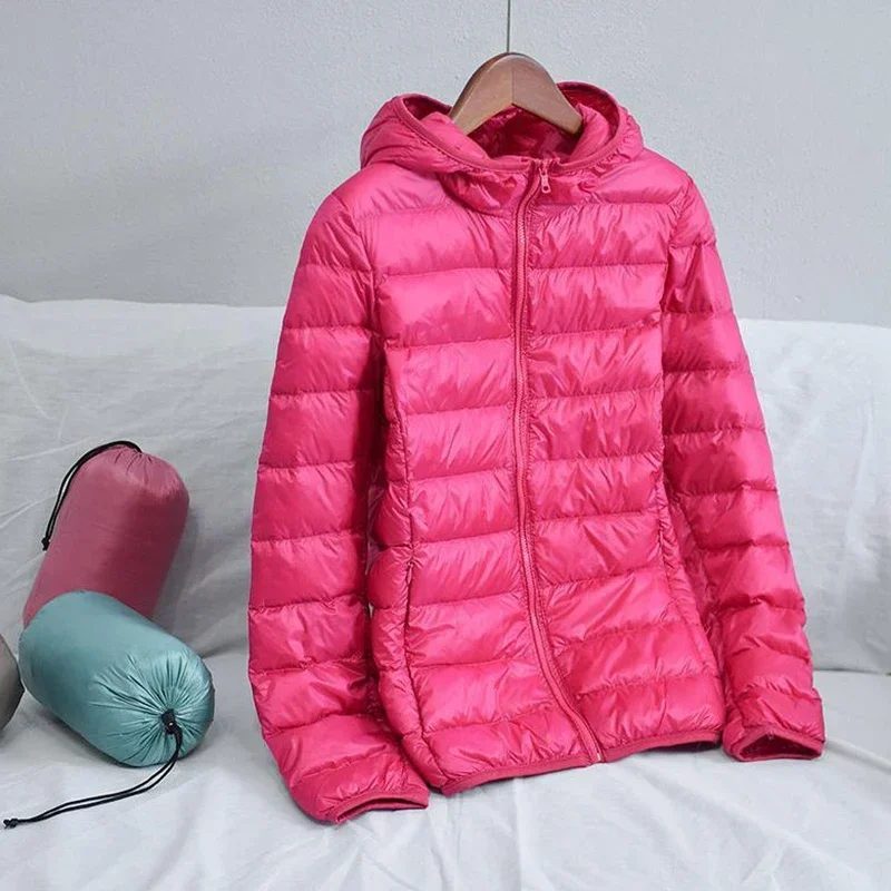 Women 90% White Duck Down Jacket Autumn Female Ultra Light Down Jackets Slim Solid Long Sleeve Hooded Parkas Candy Color