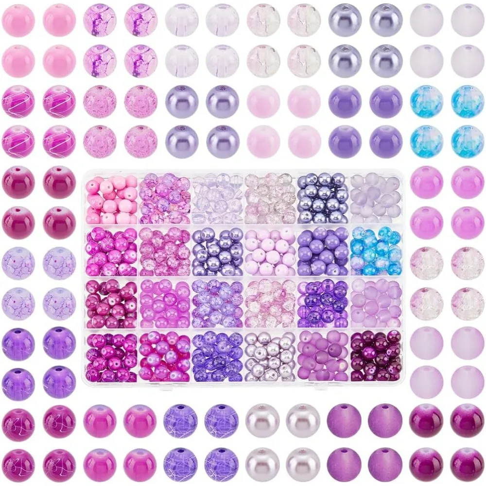 600pcs Purple Glass Beads 8mm 24 Styles Transparent Painted Beads Round Spacer Loose Beads Craft Bead for Friendship Bracelets,