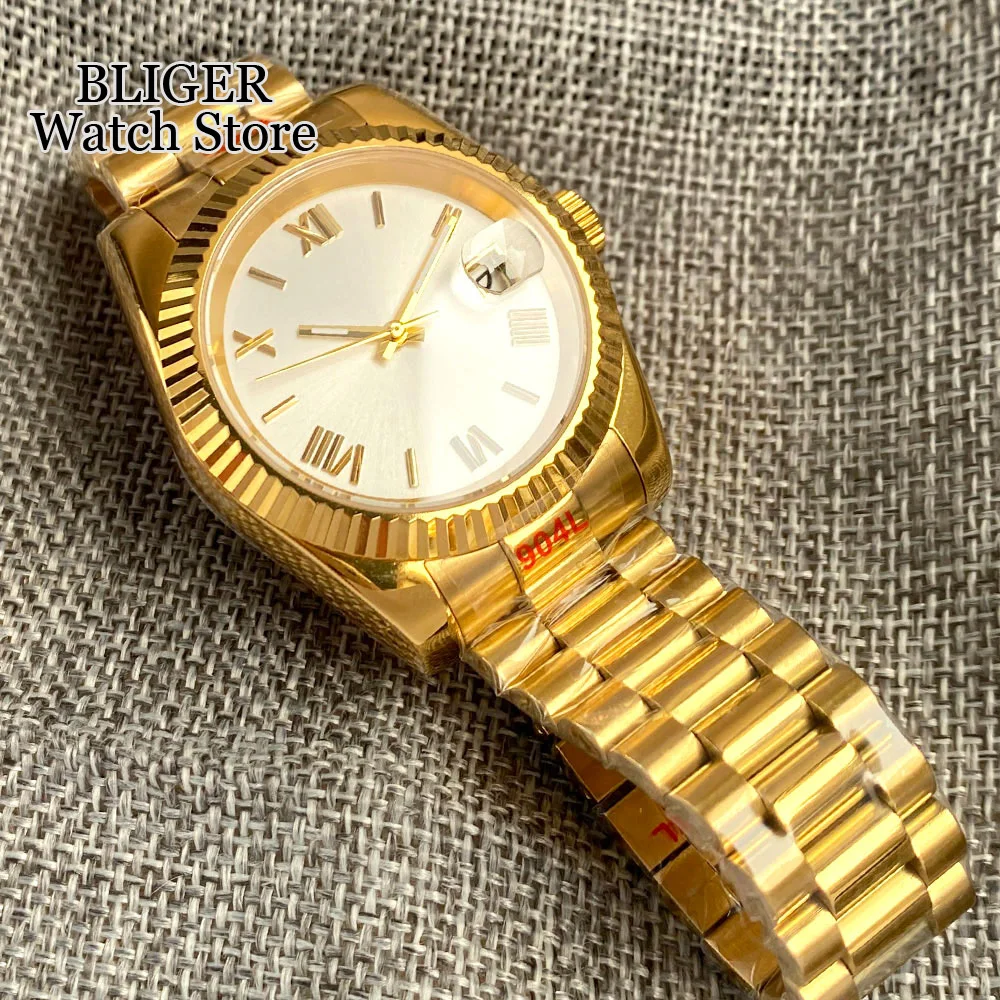 BLIGER 36mm 39mm Polished Fluted Bezel NH35A Automatic Men Watch Gold Roman Numbers Silver Dial Steel Bracelet Sapphire Glass