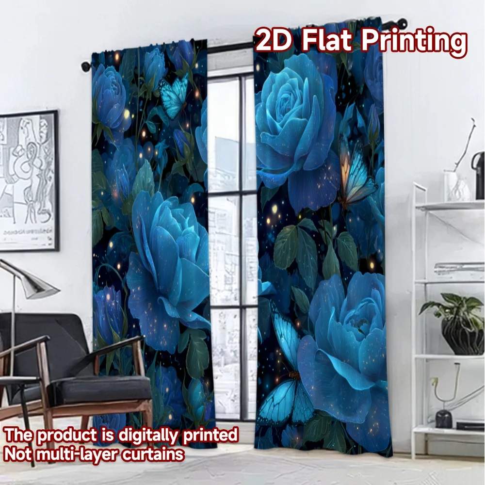 2D FLAT PRINTING 2pcs Curtains (Without Rod) Blue Roses and Butterflies Fashionable Modern Curtains Yarn Curtains Gifts Suitable
