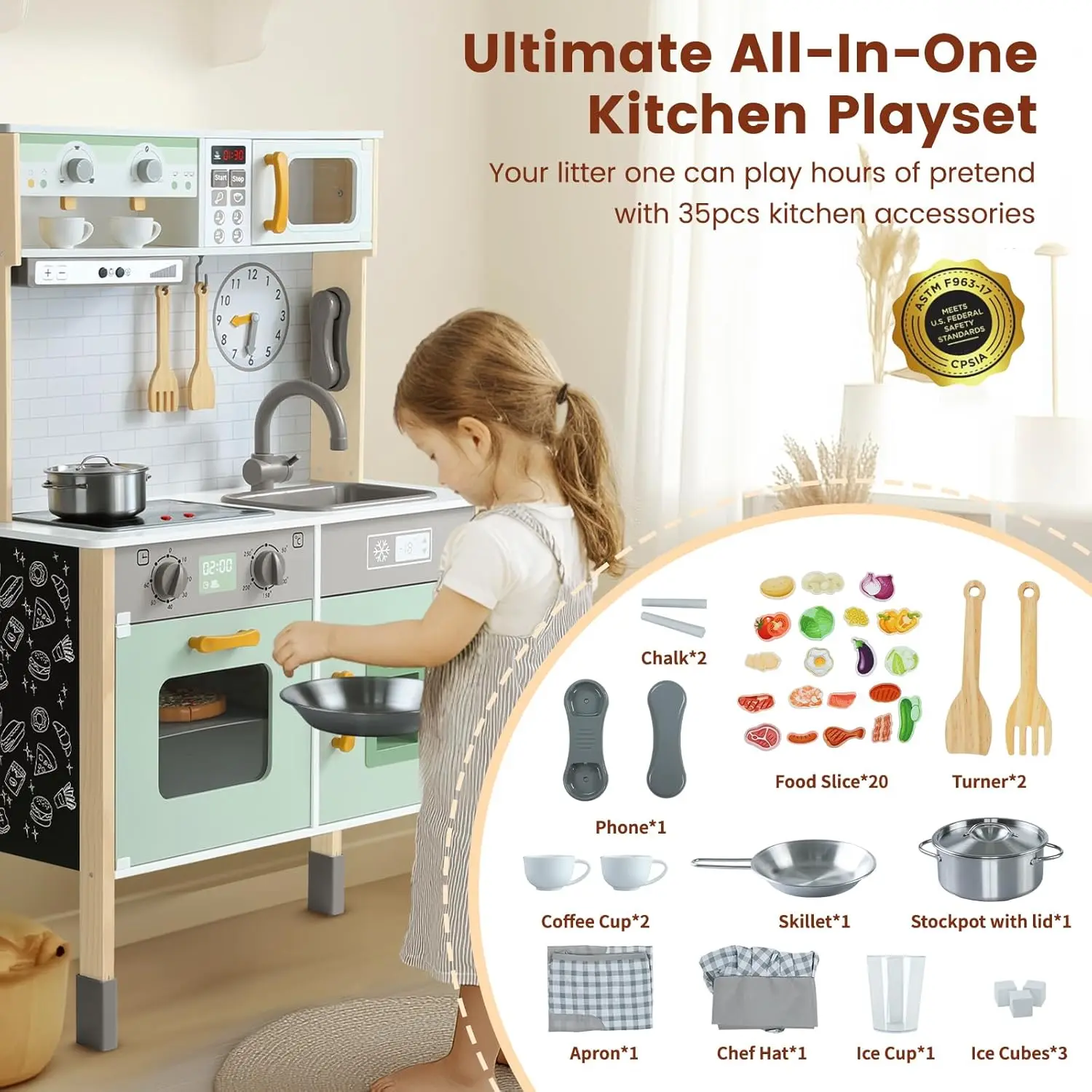 Baw się w kuchnię drewniany zestaw kuchenny dla dzieci udający zabawki dla małych dzieci z prawdziwymi światłami i dźwiękami, z regulacją wysokości 3, kredek