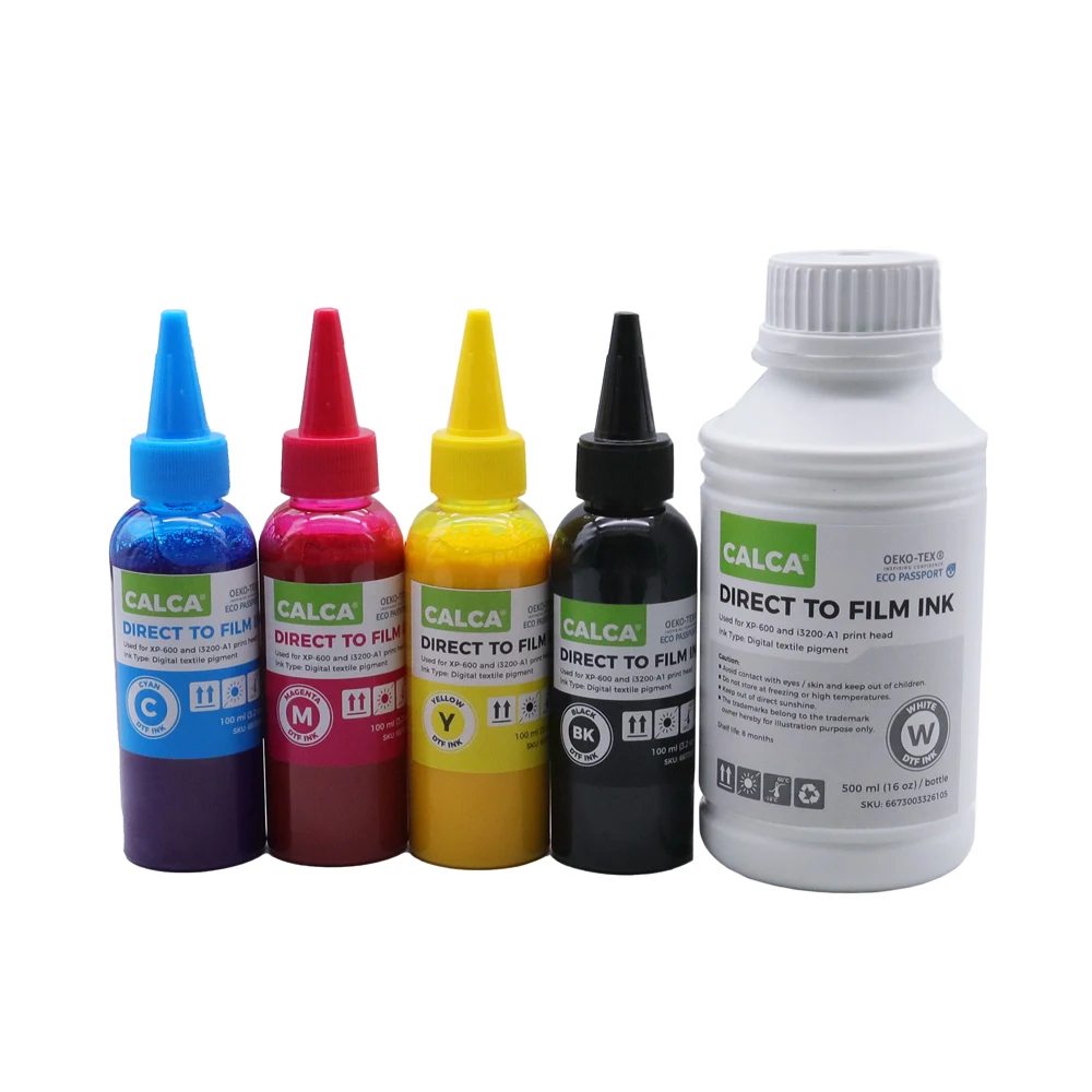 CALCA DTF Inks One set (4 x 100ml CYMK + 1 x 500ml W) Direct to Transfer Film Ink for L1800 Printheads DTF Printer US Stock