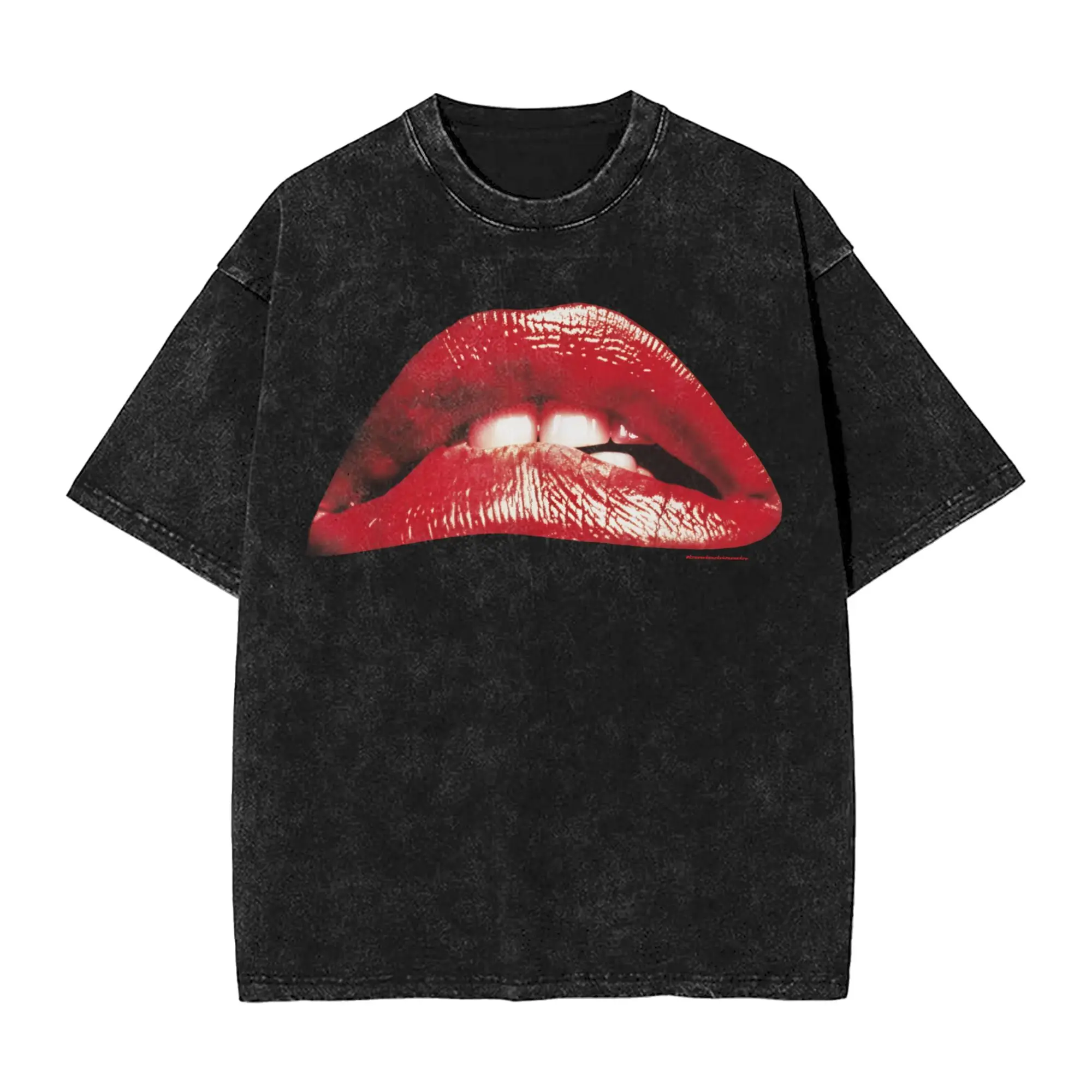 Novelty Red Lips T-Shirt for Men O Neck Pure Cotton Washed T Shirts Horror Picture Short Sleeve Tee Shirt Classic Tops