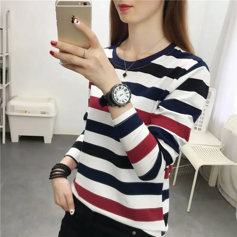 Office Lady Round Neck Striped Long Sleeve Pullover Women\'s Clothing T-shirt Casual Spring Autumn Contrast Color All-match Tops