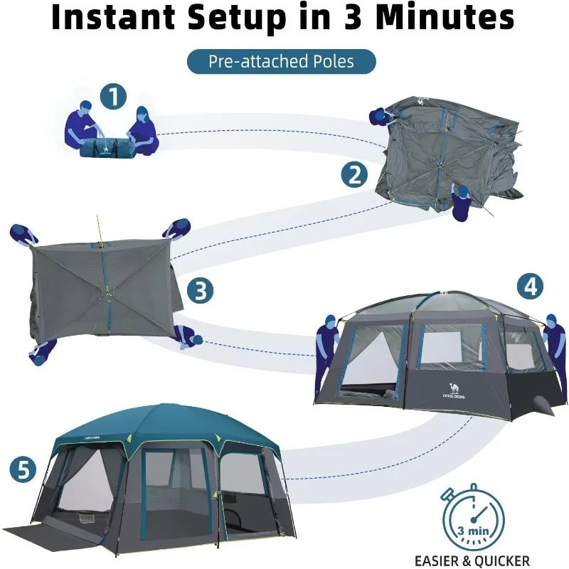 Tentes de camping familiales avec tapis de sol, grande tente de chambre multiple, cabine avec 2 portes et 4 fenêtres, 10 prêts hypothécaires