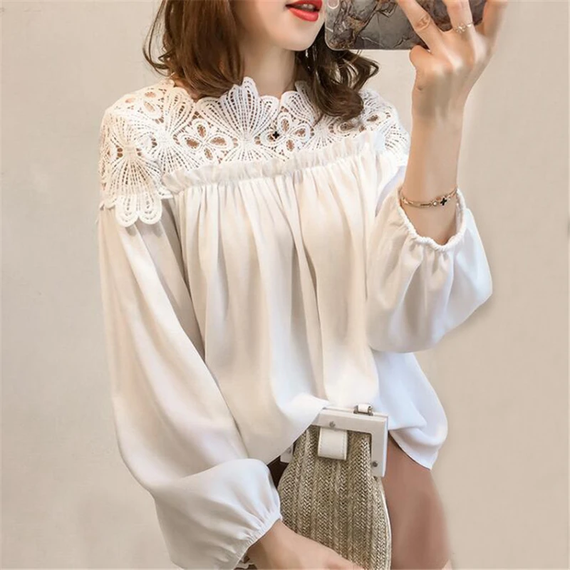 

Women Chiffon Blouse Tops Spring Autumn Loose White Lace Blouses Female Long Sleeve Shirt Hollow Out OL Shirts Plus Size