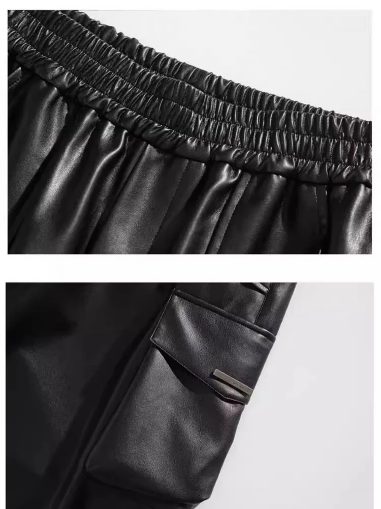 Hip-Hop Punk  Faux Leather Men's Cargo Pants, American Vintage Baggy Trousers for Men, Multi Pocket Work Wear Man Pants