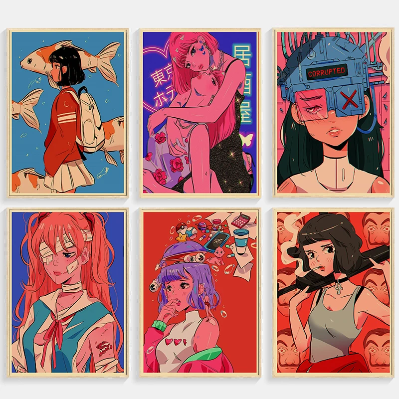 Ins Girls Cartoon Art Retro Poster Anime Girl Character Kraft Paper DIY Vintage Home Room Bar Cafe Decor Aesthetic Wall Painting