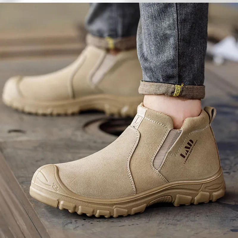 big size men fashion steel toe cap working safety boots cow suede leather welding shoes worker chelsea ankle botas protection