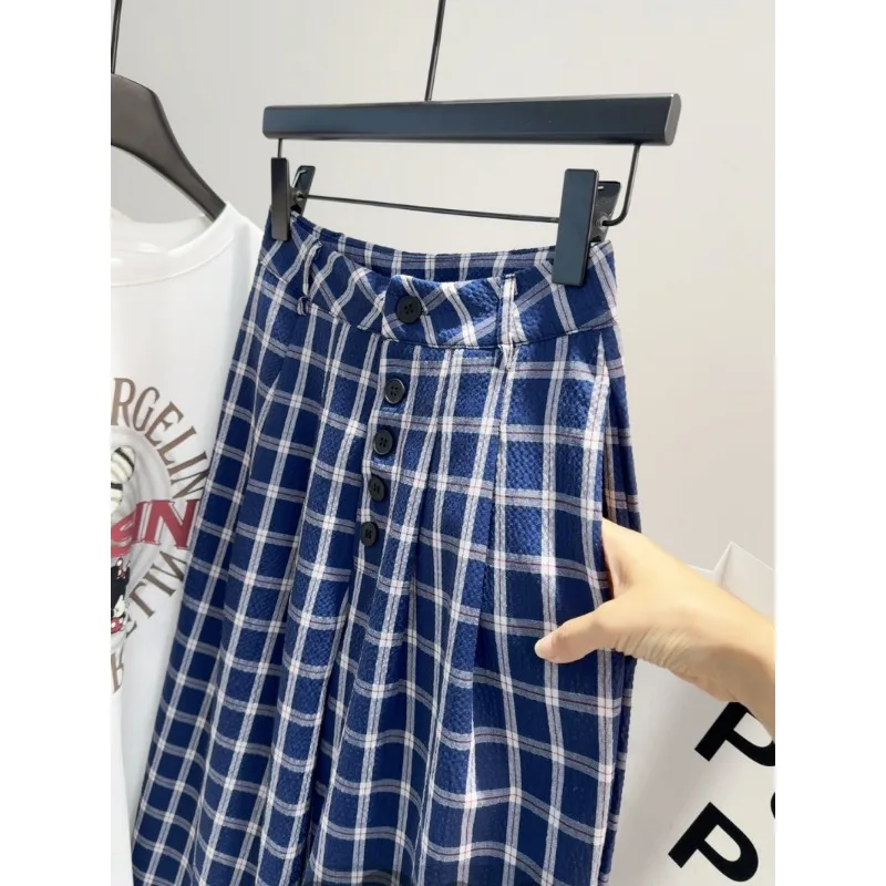 Japanese Plaid Wide Leg Pants Women Spring Autumn Straight Trouser Pocket Button Fashion Loose Casual Pants Lazy Y2k Clothes