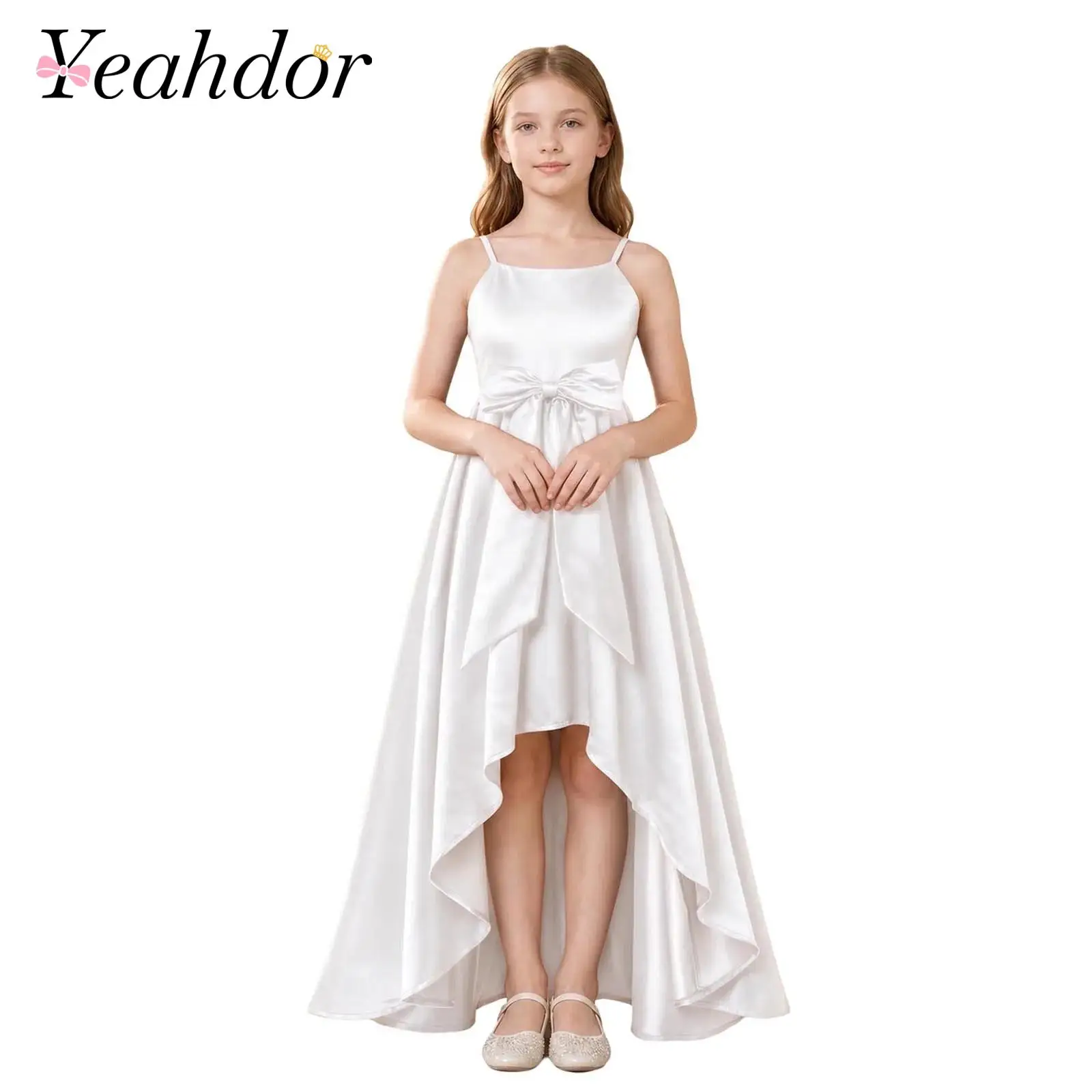Satin Flower Girls Dress Elegant Party Gown Spaghetti Straps Asymmetrical Hem Princess Dress with Big Bow Holy Communion Dress