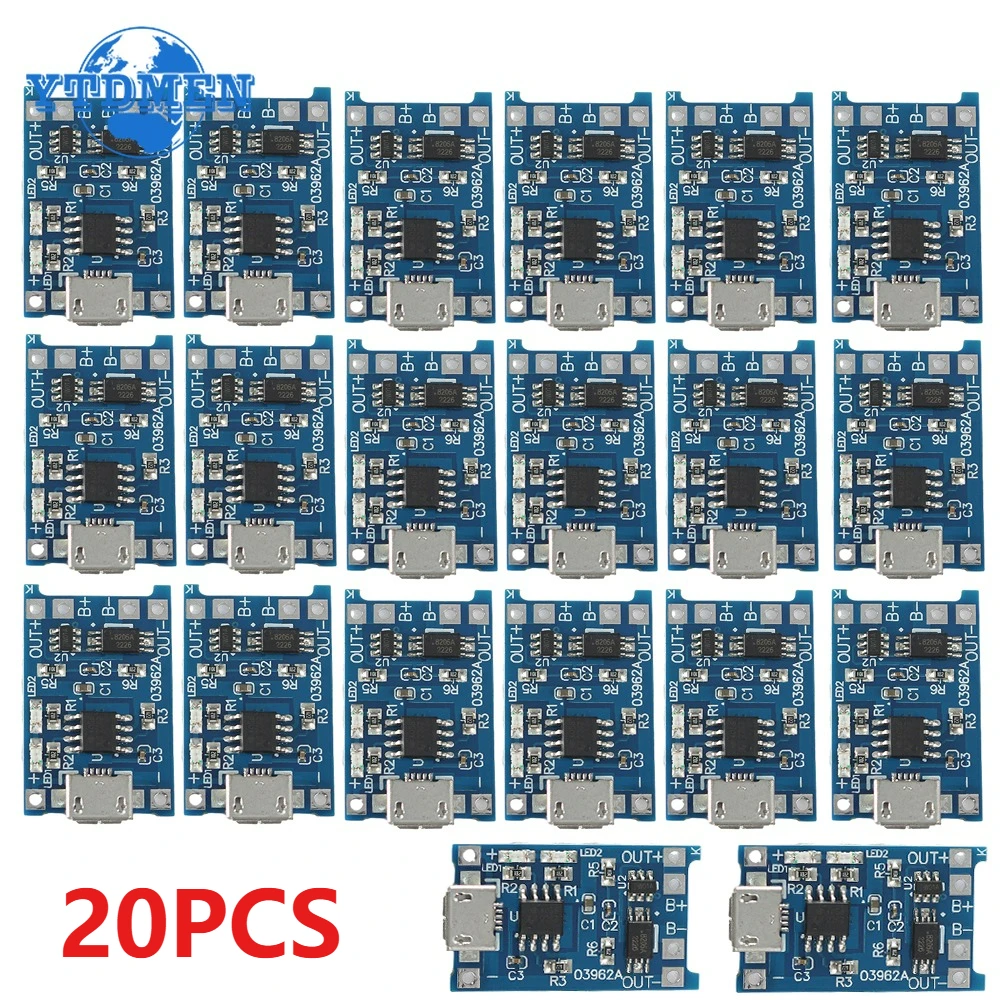 20 Stück 5 V 1 A 18650 Lithium-Batterie-Ladegerät-Modul, Ladeplatine, Micro-USB mit Schutz, zwei Funktionen, 1 A Li-Ionen-Leistungsmodul