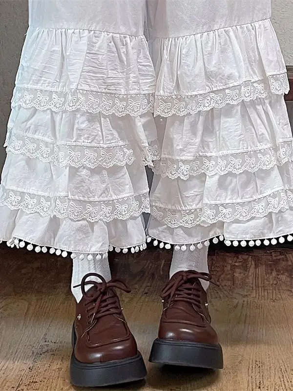 Reine Baumwolle Breite Bein Hosen frauen Layered Spitze Trim Innen Tragen Hosen Herbst Winter Hanfu Basis Schicht Elastische Taille Lange hosen