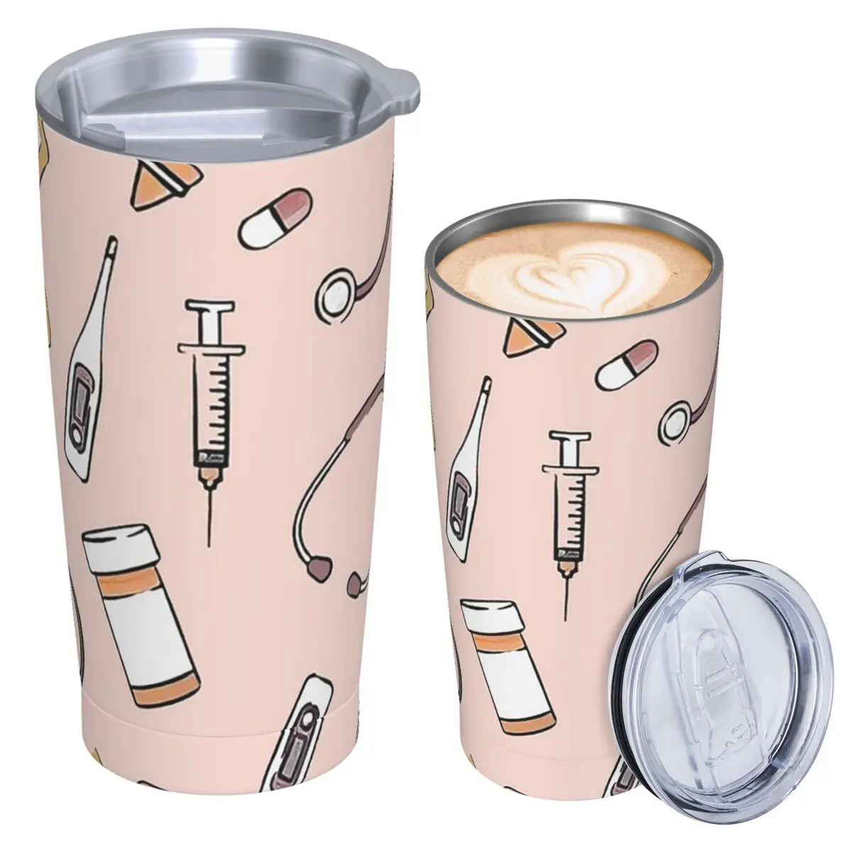 Nurse Fabric Pink Nursing Pattern Nurse Stainless Steel Tumbler Vacuum Insulated Mug Thermal Cold Cups Straw With Lid 20oz
