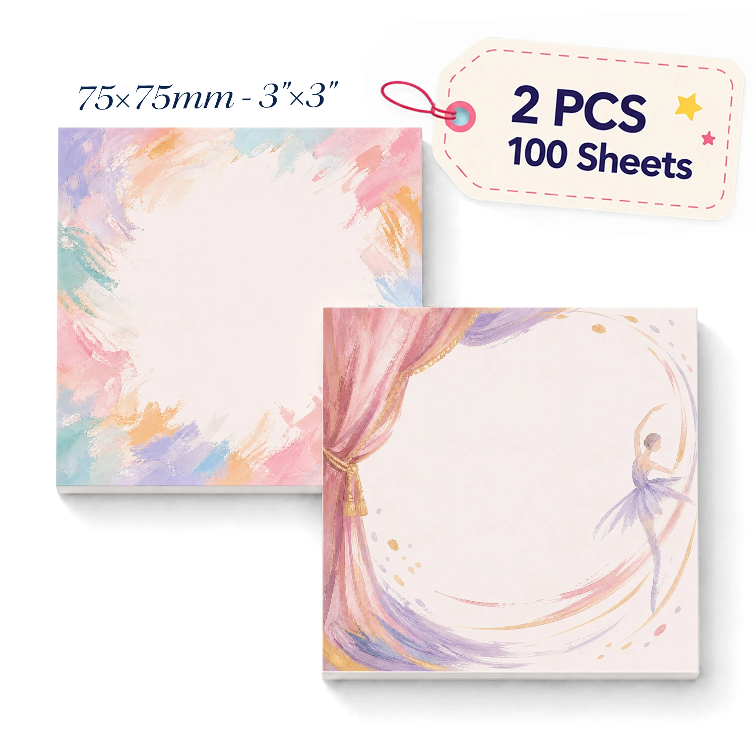 2pcs Watercolor Ballet Sticky Notes, Artistic Dance Theme Self Stick Memo Pads, 100 Sheets Total, Aesthetic Notepad, Removable