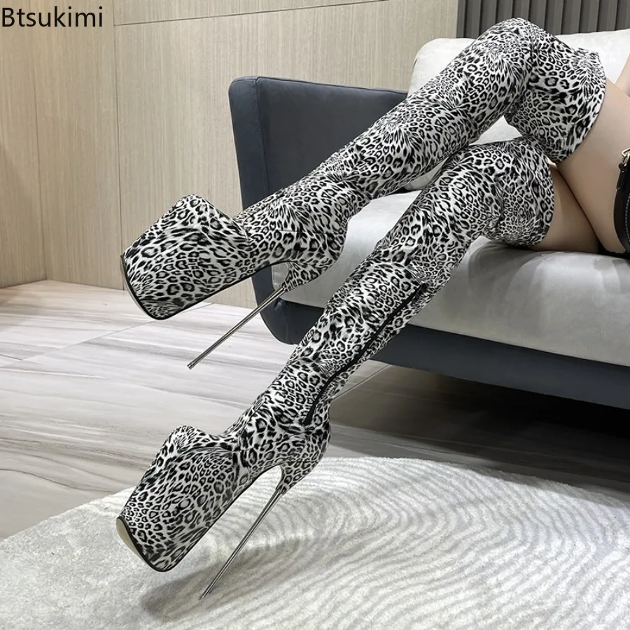 Women Black White Leopard Print Knee High Boots 19CM Slim Heel Thick Sole Round Toe High Boots Pole Dance Nightclub Party Shoes