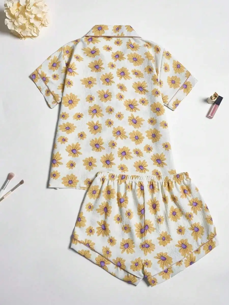 

Womens Floral Print Short Sleeve Pajama Set With Button-Up Top And Shorts