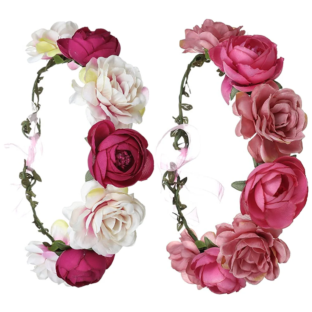 

2pcs Simulated Rose Headdress Flower Headpiece Wreath Wedding Hair Accessories Girls Bridal Travel Beach