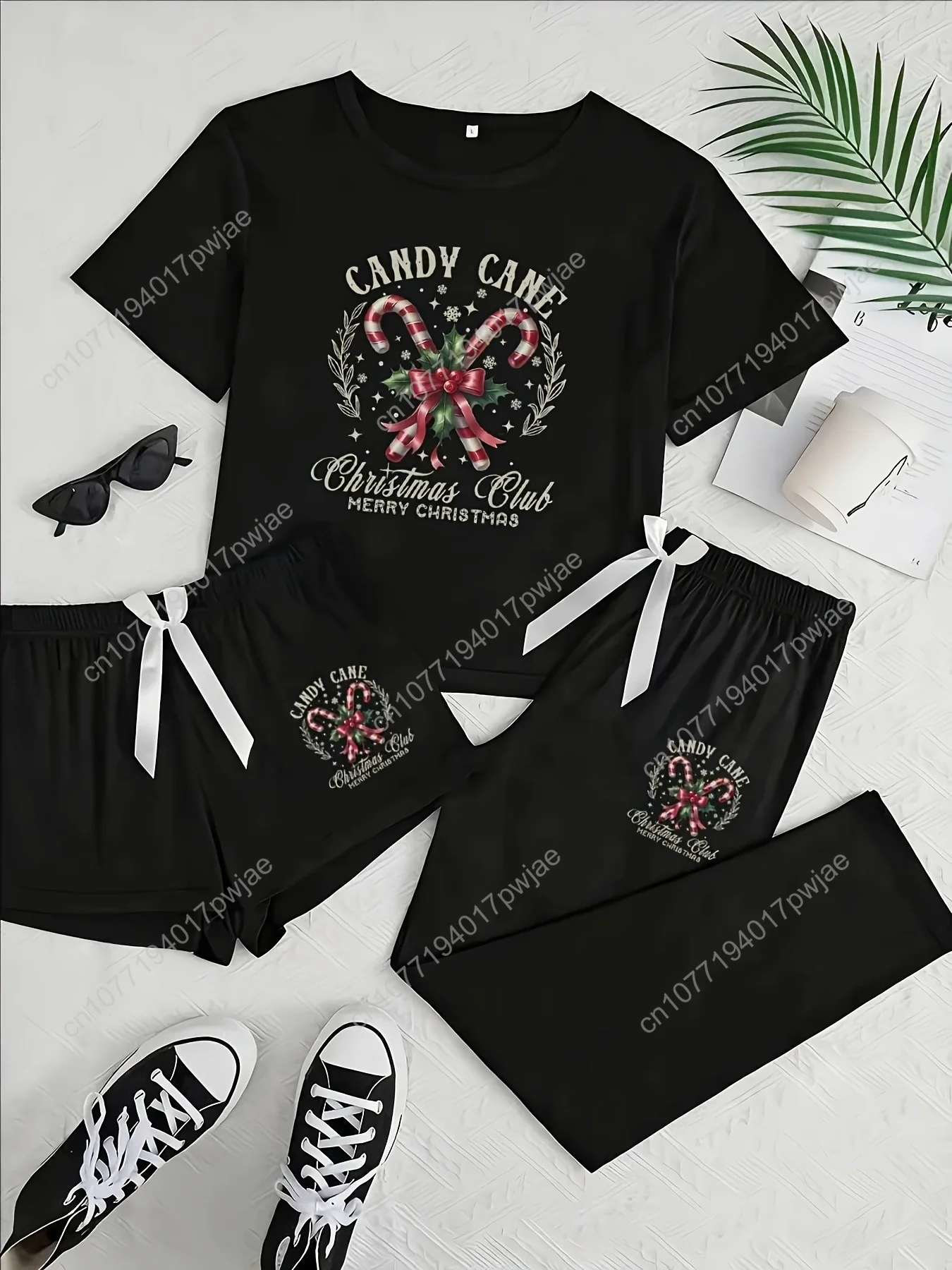 

3pcs Women's Christmas Pajama Set with Candy Cane Collar & Snowflake Print - Short Sleeve Round Neck Sleepwear, Matching Pajamas