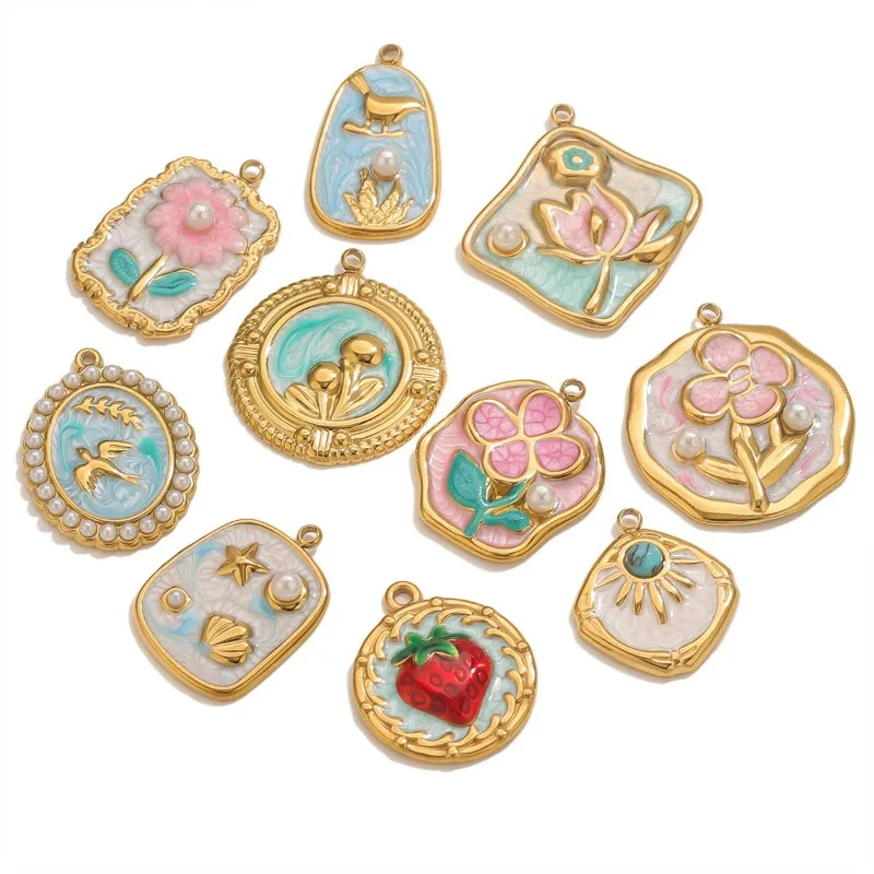 Stainless Steel UV Electroplated Garden Oil Painting Style Pendant Flower Charms DIY Bracelet Necklace Accessory Component