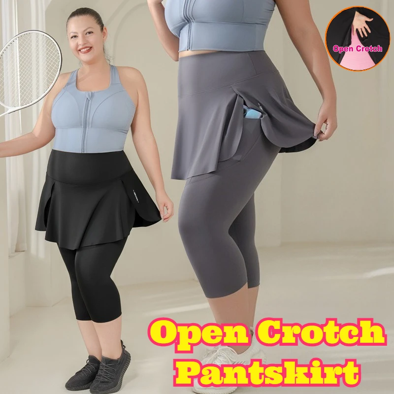 

Open Crotch Plus Size Skort High Waist Pocket Design Capri Length Outdoor Fitness Sports Pants Skirt Stretchy Breathable Soft