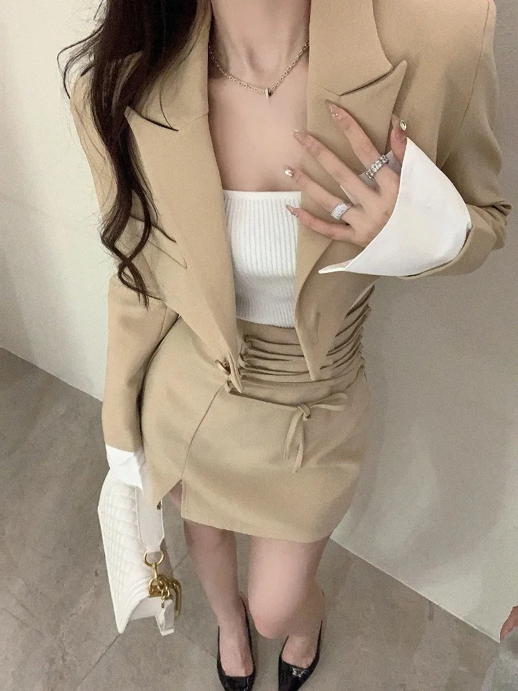 2 Piece Set Women Casual Y2k Crop Tops Elegant Jacket Coats + Mini Skirts Korean Fashion Suits 2025 Spring Blazers Dress