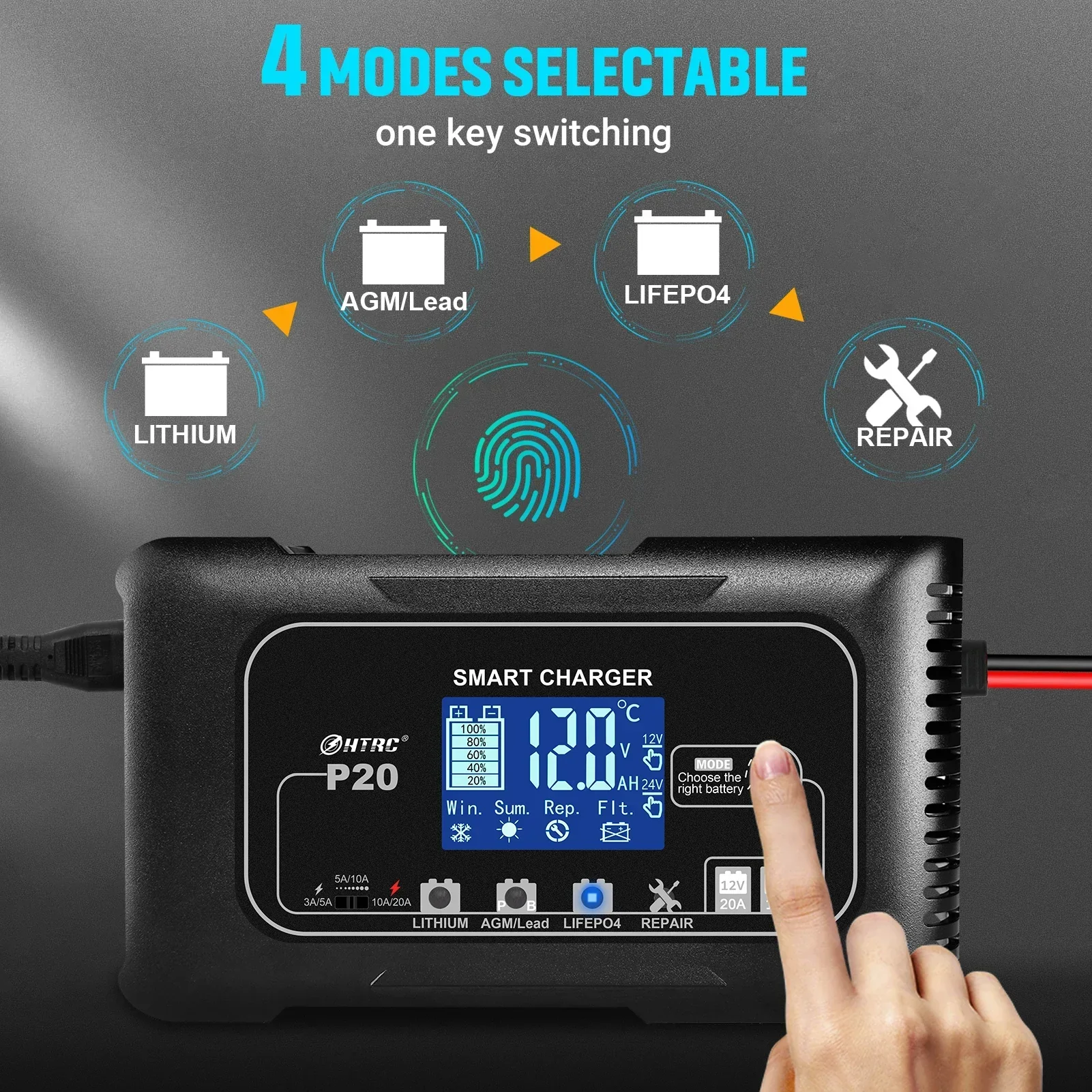 20A LCD Battery Charger for 12V 24V Car ATV Motorcycle Boat Lead Acid AGM Gel Lithium Batteries Pulse Repair Maintainer