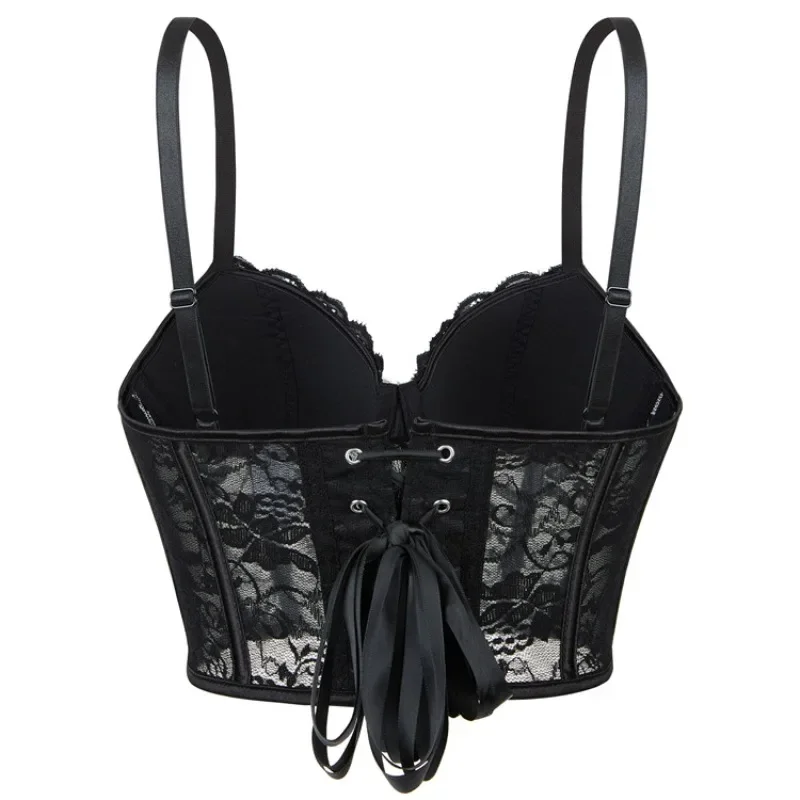 Czarny koronkowy gorset bustier damski push-up z przezroczystej siateczki, elegancka bielizna na imprezę klubową.