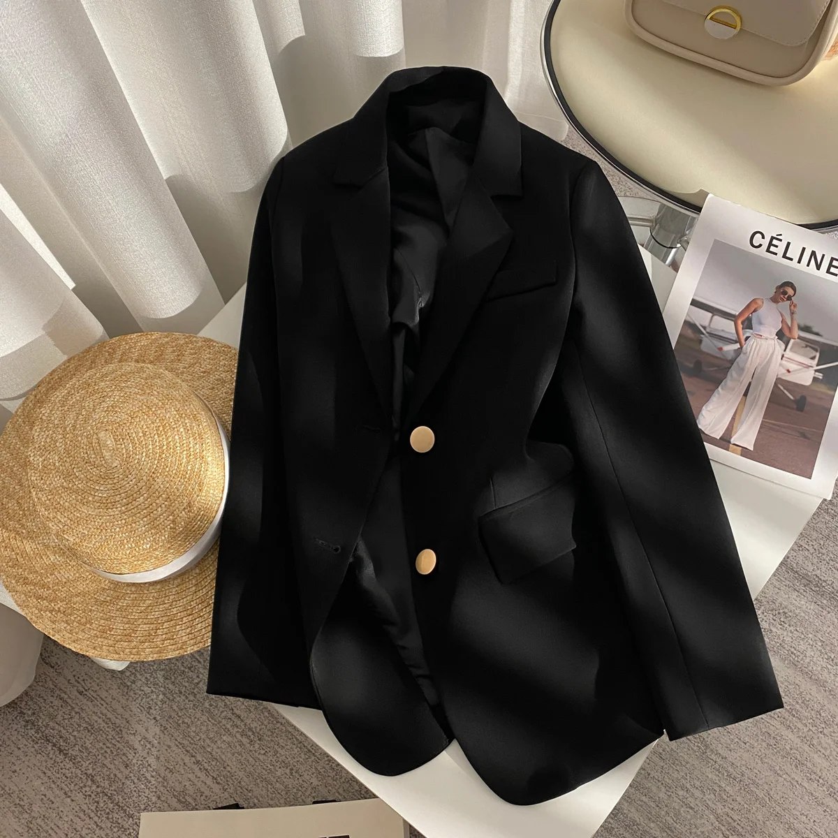 

Casual Woman Blazer Sacks Newest Fitting Beading Spring Summer Retro V-Neck Cardigan Turn-Down Mid-Length Covered Brown Cuff