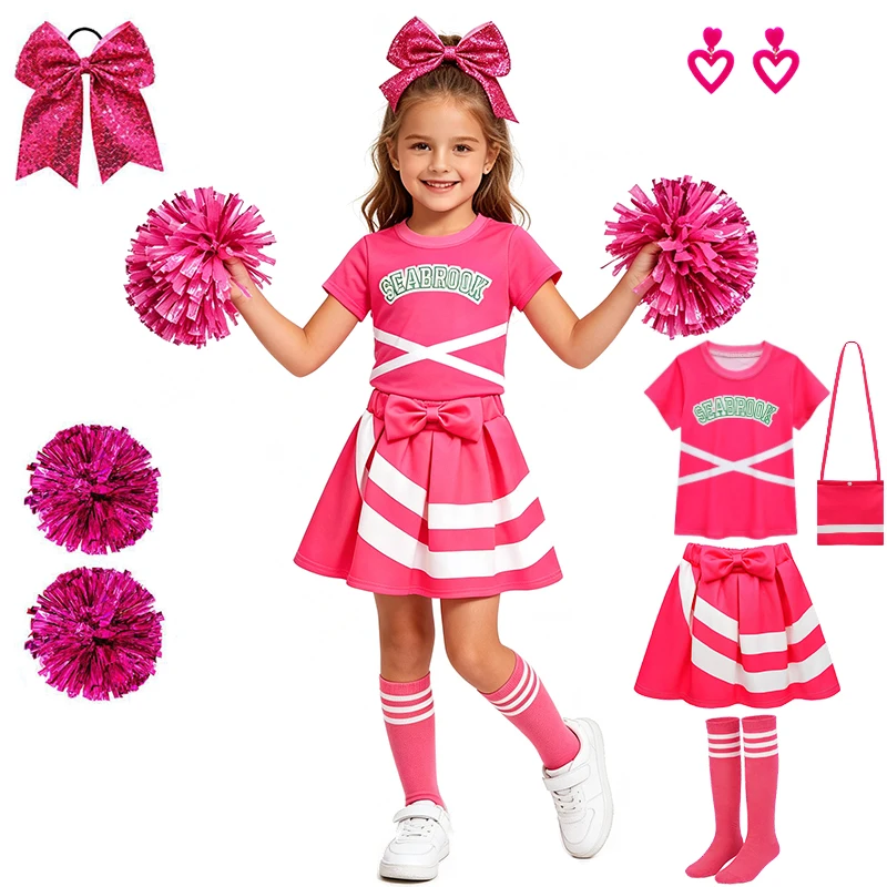 Zombies Pink Cheerleading Girls Outfits School Top Pleated Skirt Kids Cheer Uniform Halloween Cosplay Party Children's Clothing