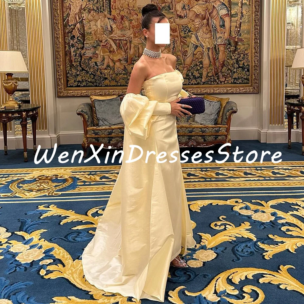 Formal Yellow Straight Strapless Detachable Sleeve Chiffon Evening Dress Sweep Train Puff sleeves Open Back Celebrity Gowns 2024