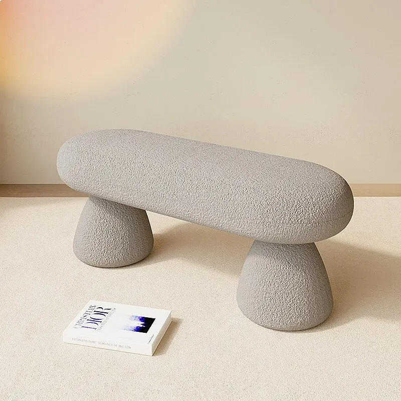 Solid Wood Bouclé Bench Tufted End of Bed Ottoman Nailhead Vanity Seat Faux Fur Stool
