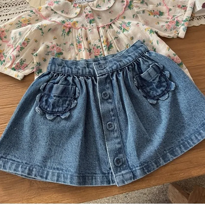 Preventa (envío de marzo) 2025 EM vestido Floral de otoño para niña, camisas y falda estampadas, traje, ropa para niñas pequeñas, vestido de fiesta de cumpleaños