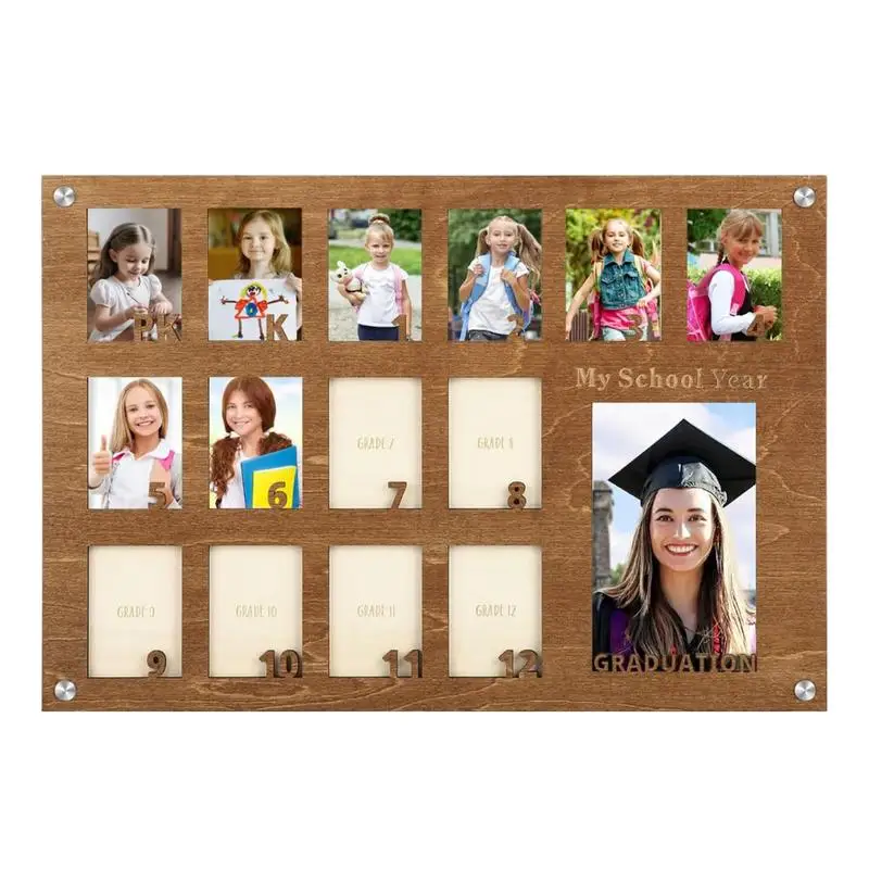 Grade School Picture Frame K-12 Wooden School Days 15-Slot Graduation Frame Wall Mount Table Top Display Solid Construction