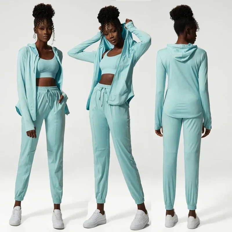 2/3 Picecs Yoga Set Women Breathable Loose Fitness Suit Zipper Jacket Sexy Bra Jogger Pants Female Gym Clothing Sportswear