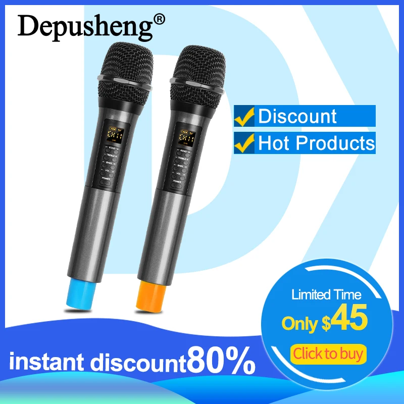 

Wireless Microphone Depusheng DX6 UHF Dual Channel System Two Handheld Mic With Echo Treble Bass Bluetooth For Family Outdoor