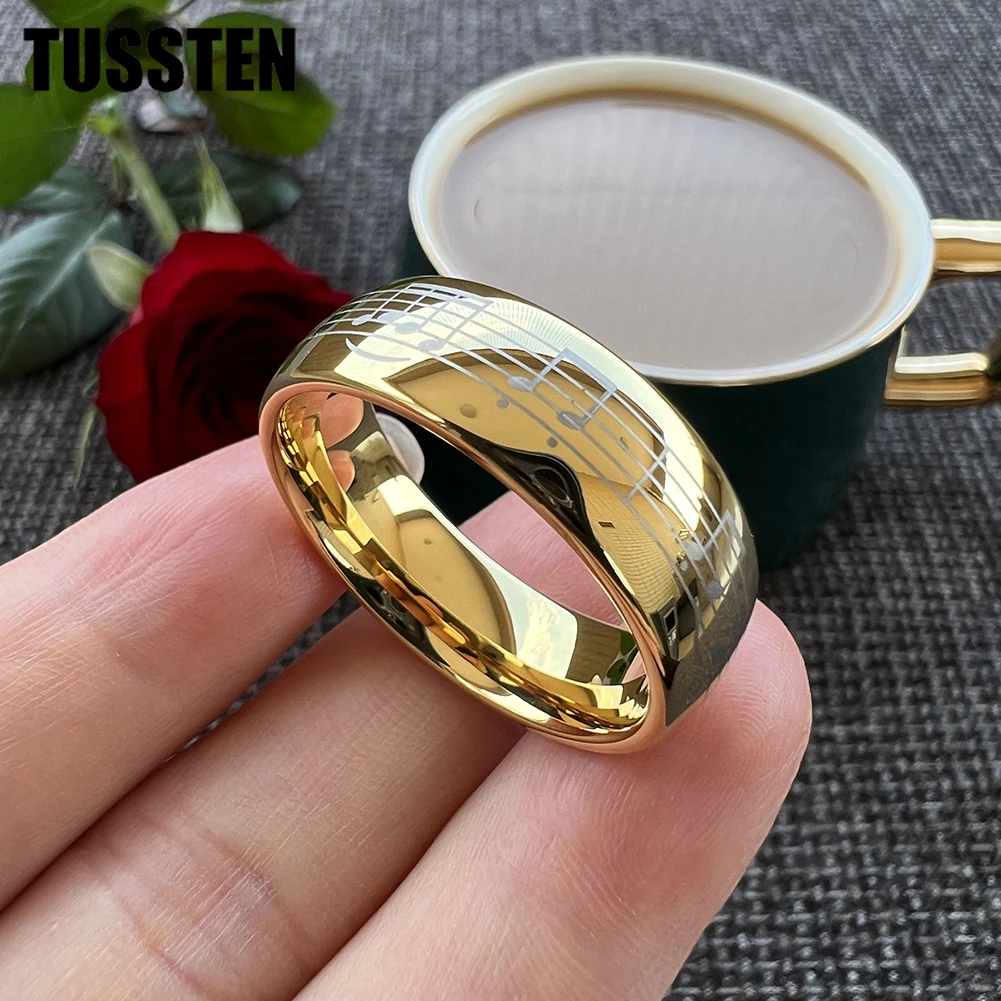 TUSSTEN 6/8MM mężczyźni kobiety obrączka wolframowa grawerowanie laserowe fortepian pięcioliniowy nuta pierścień muzyczny kopułkowa polerowana wygodne dopasowanie — zdjęcie 5