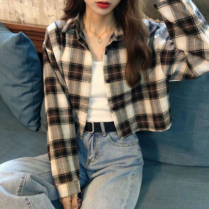 

Loose Plaid irt Women's Korean Sle Long Sve Student ort Coat Open Cardigan Spring Autumn Faion New Arrival