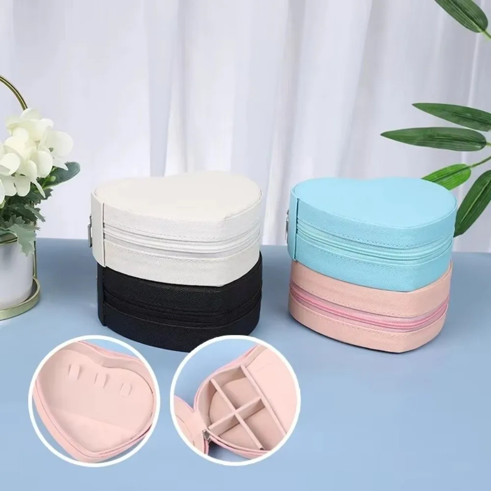 Portable Solid Color Heart Shaped Leather Jewelry Box Zipper Closure Travel Storage Case for Earrings Rings Necklaces Organizer