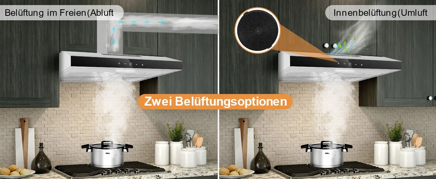 60 cm integrierte Dunstabzugshaube 201 m3/h, 3-Gang-Touch-Steuerung und Aktivkohlefilter, Edelstahl-Unterschrank-Design – Detail 2