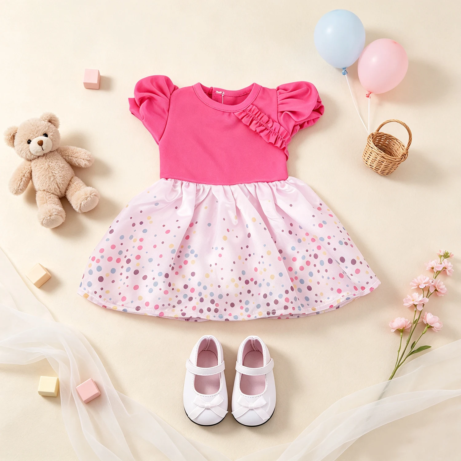 Pink Puff Sleeve Multi Polka Dot Doll Dress Set Cute Bow Shoes Fashion Clothes For 18