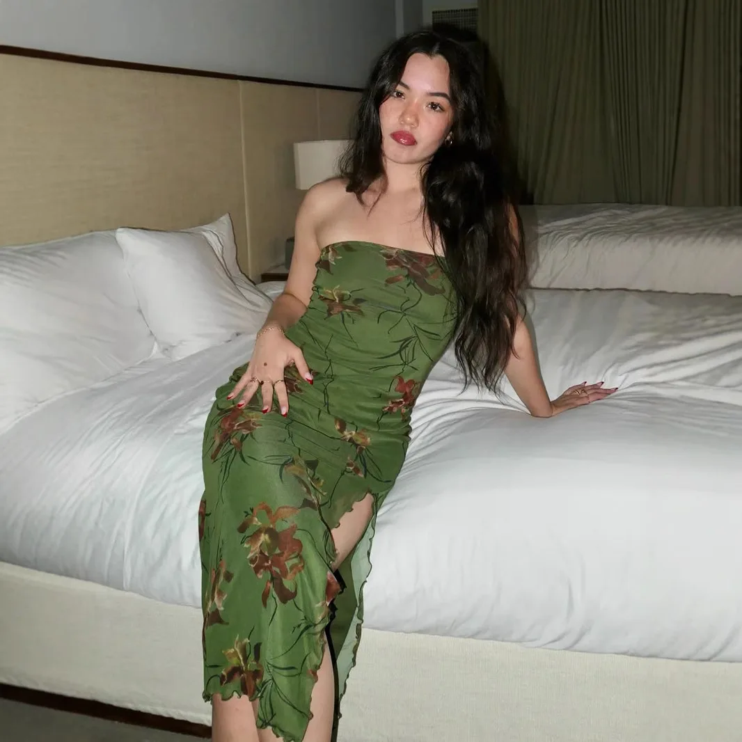 Women Dresses 2026 summer vacation slim retro printed sexy strapless split double-layer long dress women's clothing vestidoes