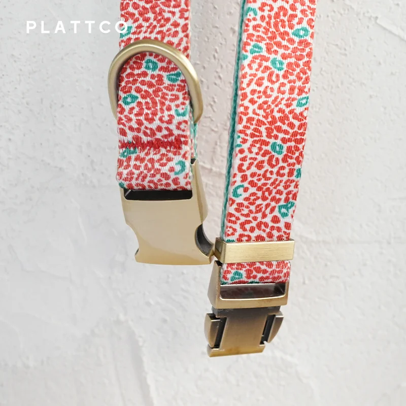 PLATTCO unique design dog collar print RED LEOPARD with high-quality bronze buckle 5 size PDC322Br