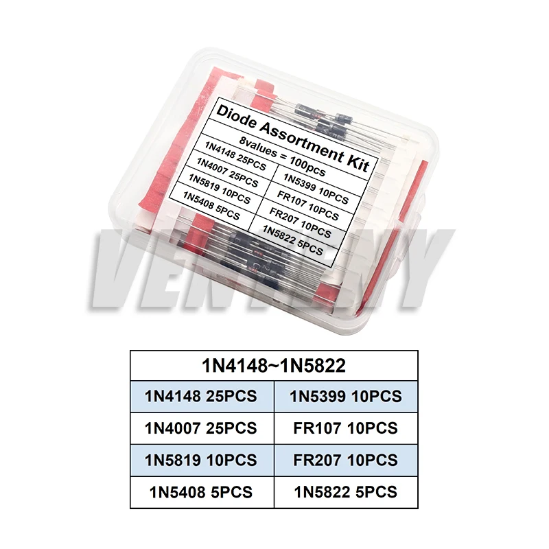 Diode Schottky Diode Kit 100/200PCS Rectifier 1N5408 1N5819 1N4007 1N4148 1N5822 1N4001 1N4004 1N5404 FR107 FR207 Fast Switching