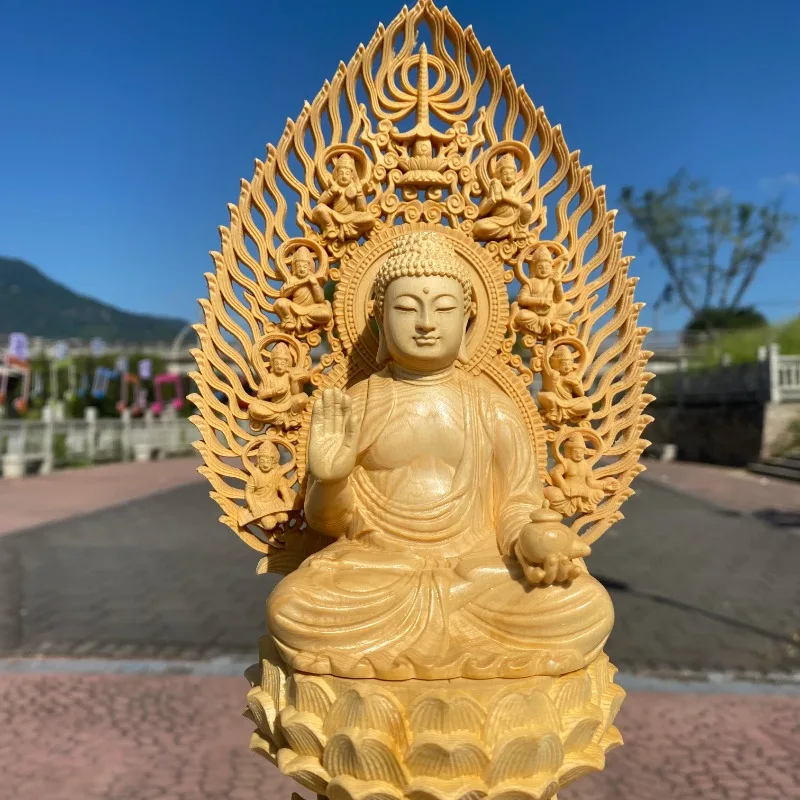 Finely Carved Hinoki Wood Buddha Statue, Exquisite Shakyamuni Sculpture, Home Altar Temple Decor, Crafts