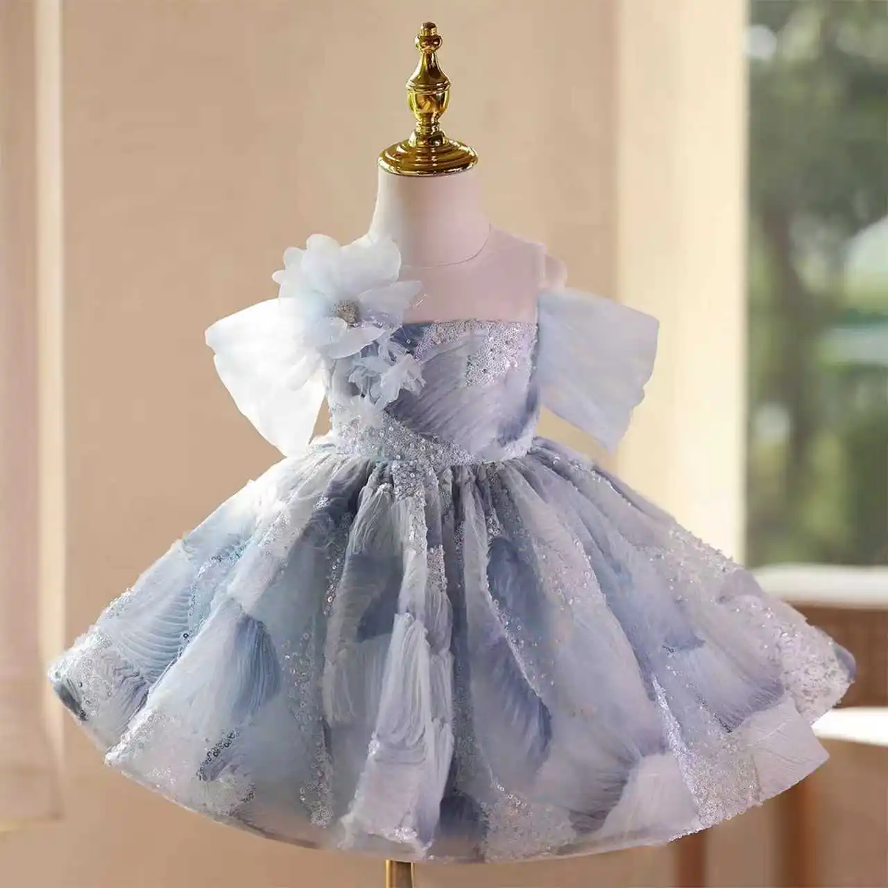 Dreams Blue sequins Baby Girl Dress Host's Piano Performance Birthday Girls Party Dresses Off-Shoulder Butterfly Decoration Flow